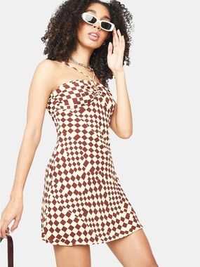 Cotton Candy LA Beige and Brown Diamond Checkered Slip Dress M